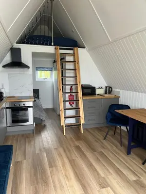 a kitchen with a loft bed in a tiny house at Tiny home on an organic croft, Isle of Arran in Kildonan