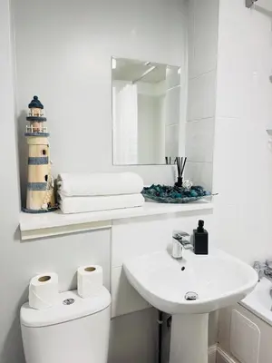 a bathroom with a sink and a toilet and a mirror at Cosy City Centre Apartment in Edinburgh