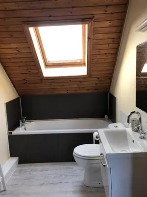 a bathroom with a toilet and a sink and a window at Corlae Cottage, mountain and forest views in Carsphairn