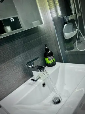 a bathroom sink with a bottle of soap on it at Hide-a-While in Rothesay
