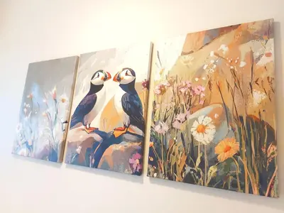 three paintings of two birds in a field at The Puffins - Largs 2-Bedroom Ground Flat in Largs
