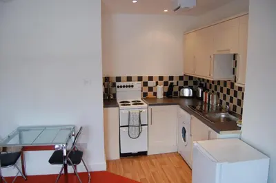 a small kitchen with a stove and a sink at Grassmarket-Old Town Apartment in Edinburgh