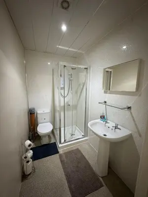 a bathroom with a shower and a sink and a toilet at Whitefield Guesthouse in Glasgow