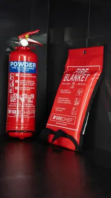 a fire extinguisher and a bottle of red fire starter at 4 BDR House By Caledonia Luxe Stays Short Lets & Serviced Accommodation Livingston in Livingston