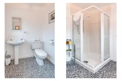 two images of a bathroom with a toilet and a shower at Stables Guest House in Newton Stewart