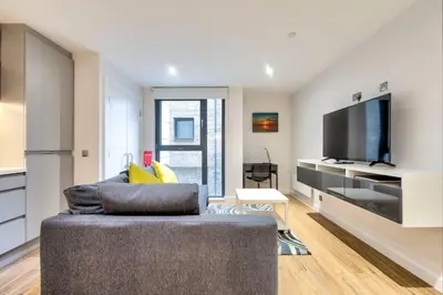 a living room with a couch and a flat screen tv at Lovely 1-Bedroom Unit Near Edinburgh Castle in Edinburgh