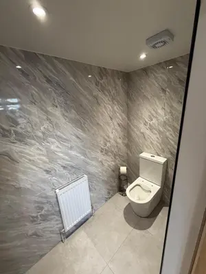 a bathroom with a white toilet in a room at Best stay in the bay in Saint Davids