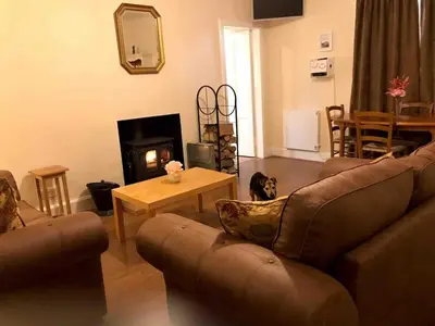 a living room with a couch and a fireplace at Wood Cottage in Peebles