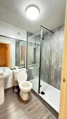a bathroom with a toilet and a shower and a sink at Glasgow One Bedroom Flat close to city centre and all amenities in Glasgow