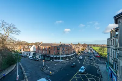 an aerial view of a city street with buildings at Cosy 2-bedroom Edinburgh flat close to city centre in Edinburgh