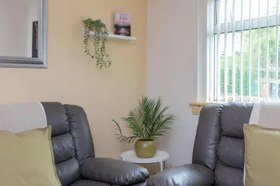 a living room with a leather couch and a plant at Free Parking - City Centre - 3 Bedrooms - 5 Guests in Edinburgh