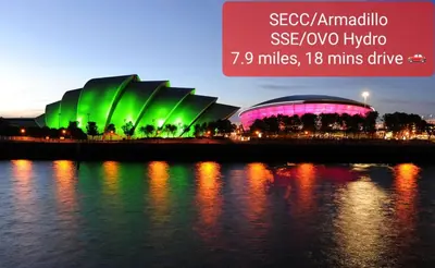 a view of a stadium with green and pink lighting at 2-Bedroom Home Away From Home in Glasgows' East End with FREE Parking in Mount Vernon