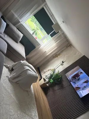 an aerial view of a room with a bed and a window at Modern 1 bedroom flat full flat in East Kilbride