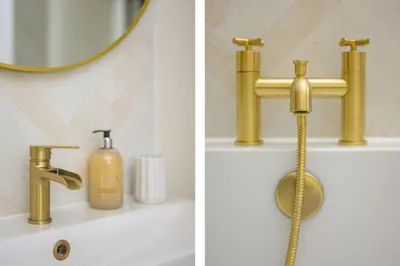 a bathroom sink with a gold faucet and a mirror at Escape to Serene Georgian Estate, near Edinburgh in Ratho