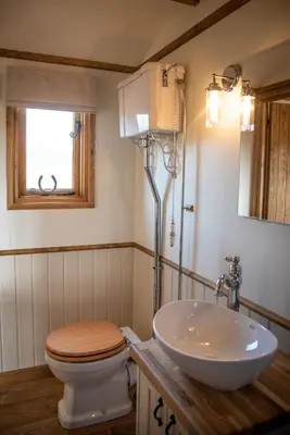 a bathroom with a toilet and a sink at Pentland Shepherd Huts in Penicuik