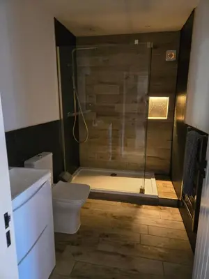 a bathroom with a shower and a toilet at The Tearoom Tarbet in Tarbet