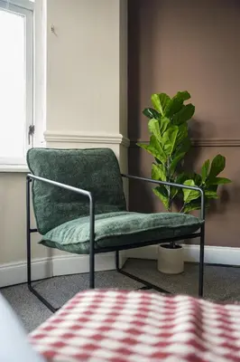 a green chair in a room with a plant at Neilston Apartment in Paisley