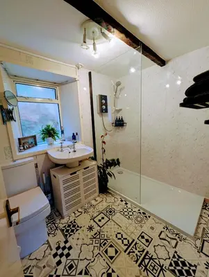 a bathroom with a shower and a sink and a toilet at Rock Cottage in Isle of Arran