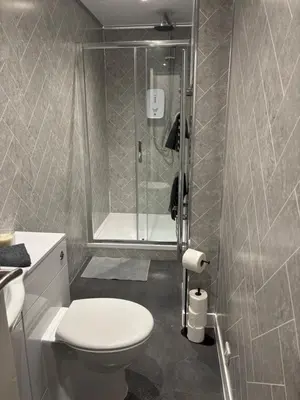 a bathroom with a toilet and a shower at Seaside Escape 101 Nelson Largs in Largs