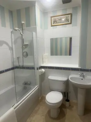 a bathroom with a toilet and a sink and a shower at Crawford House in Largs