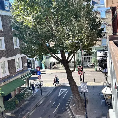 a tree in the middle of a city street at Central London Designer Room with Balcony Elevator in Moffat