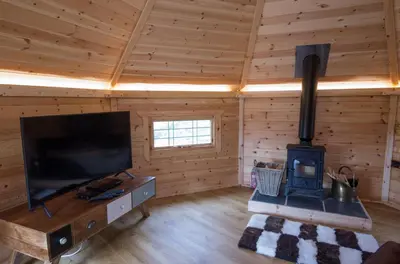 a living room with a fireplace and a flat screen tv at Woodcock Lodge in Kilmichael Glassary