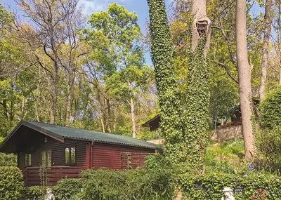 a small red cabin in the middle of a forest at Hideaway Lodges in Boʼness