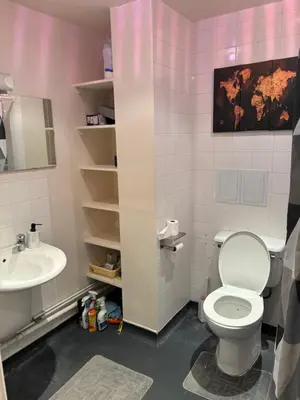 a bathroom with a toilet and a sink at One Bedroom Apartment in Greenwich Peninsula in Moffat