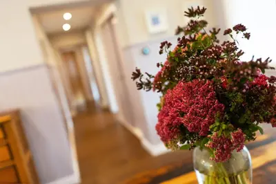 a vase filled with red flowers on a table at Stables Cottage in Dunira