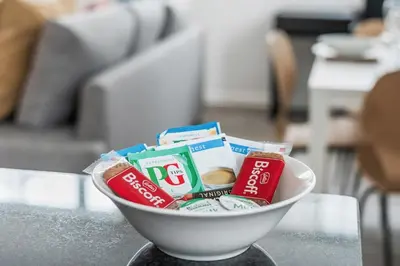 a bowl of food sitting on a table at Luxury Flat Near Hove Station parking sleeps 4 in Moffat