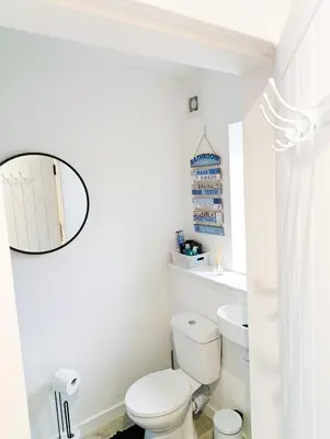 a bathroom with a white toilet and a mirror at YSquared studio in Falkirk