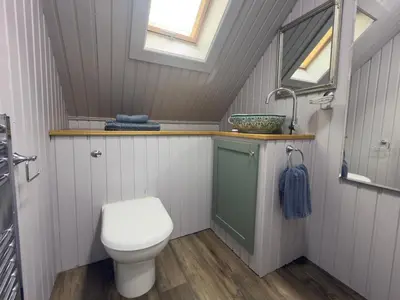 a bathroom with a toilet and a sink at Upstairs at Carlingford in Newton Mearns