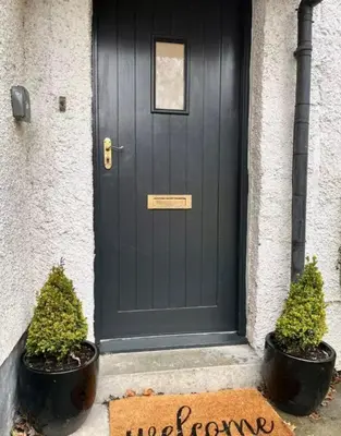 a black door with two potted plants on the doorstep at Cosy Hideaway in Stirling