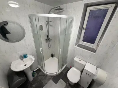 a bathroom with a shower and a toilet and a sink at The Woodside in Cowdenbeath