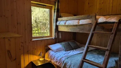 a bunk bed in a wooden room with a ladder at Bracken Lodge in Dalavich