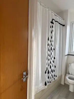a bathroom with a shower curtain and a toilet at Charming Edinburgh Apartment with Electric Heating Free WiFi in Edinburgh