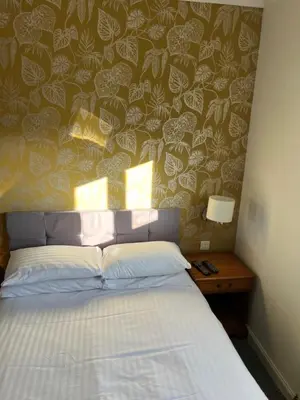a bedroom with a bed with a patterned wall at west park hotel PVT ltd in Clydebank