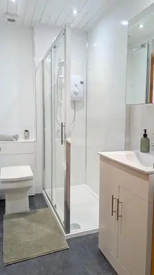a bathroom with a shower and a toilet and a sink at Kintyre apartment in Campbeltown