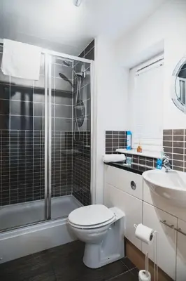 a bathroom with a toilet and a shower and a sink at Modern 2-Bed Near Braehead in Renfrew