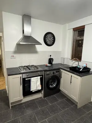a kitchen with a stove and a washing machine at Stylish 2BR in Renfrew in Renfrew