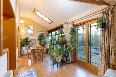 a dining room with potted plants and a table at Bright, spacious house in Edinburgh