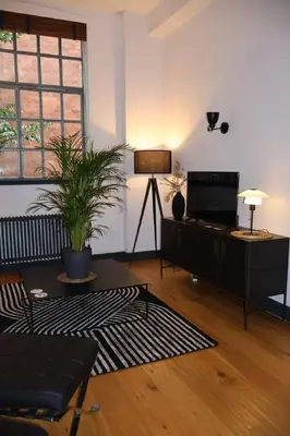 a living room with a black couch and a plant at Stockbridge 1BR with Parking in Edinburgh