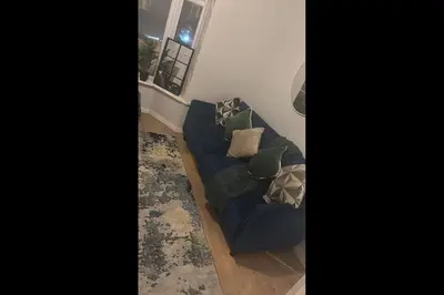 a blue couch in a living room with a window at 23 Ash road in Moffat
