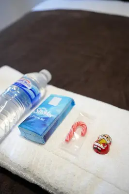 a bottle of toothpaste and candy canes on a napkin at Nigel House in Livingston