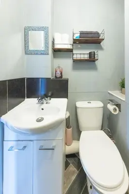 a bathroom with a white toilet and a sink at Central Apartment by the Meadows 9 in Edinburgh