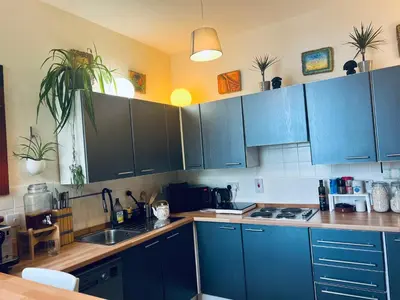 a kitchen with blue cabinets and a sink at Heart of West End apartment, Glasgow in Glasgow