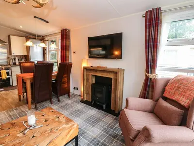 a living room with a fireplace and a table at Loch Lomond Holiday home in Arrochar