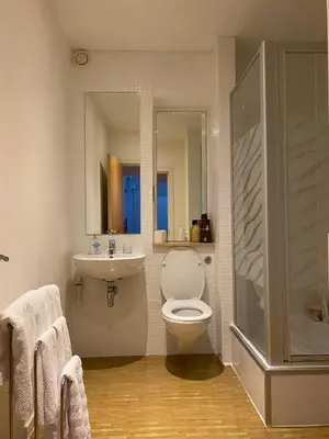 a bathroom with a toilet and a sink and a shower at Cozy Room in Glasgow in Glasgow