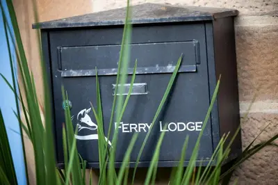 a black utility box with a dog painted on it at Cosy Lodge Getaway with Private Beach & Fireplace in Erskine