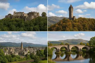 four different pictures of a castle and a bridge at Stirling apartment - free parking in Stirling